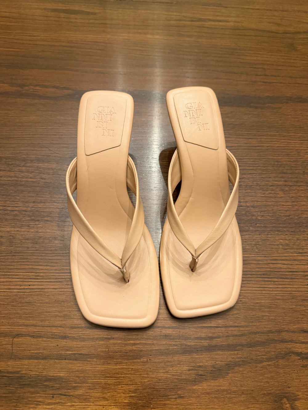 Gianni Bini Beige Leather Square-Toe Thong Sandals